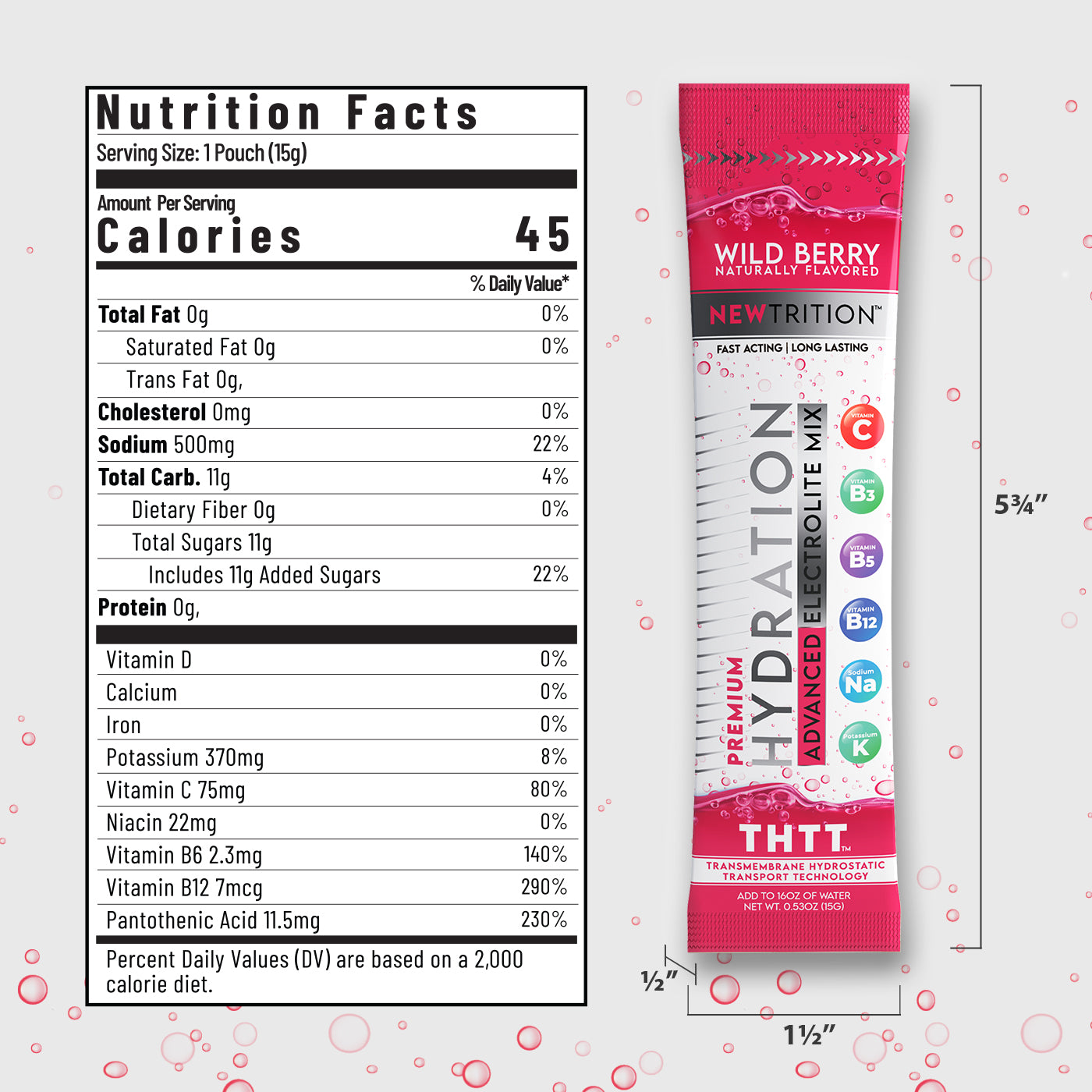 Hydration Packets Electrolyte Drink Powder Packets | Dehydration Relief 12 Servings - Wild Berry